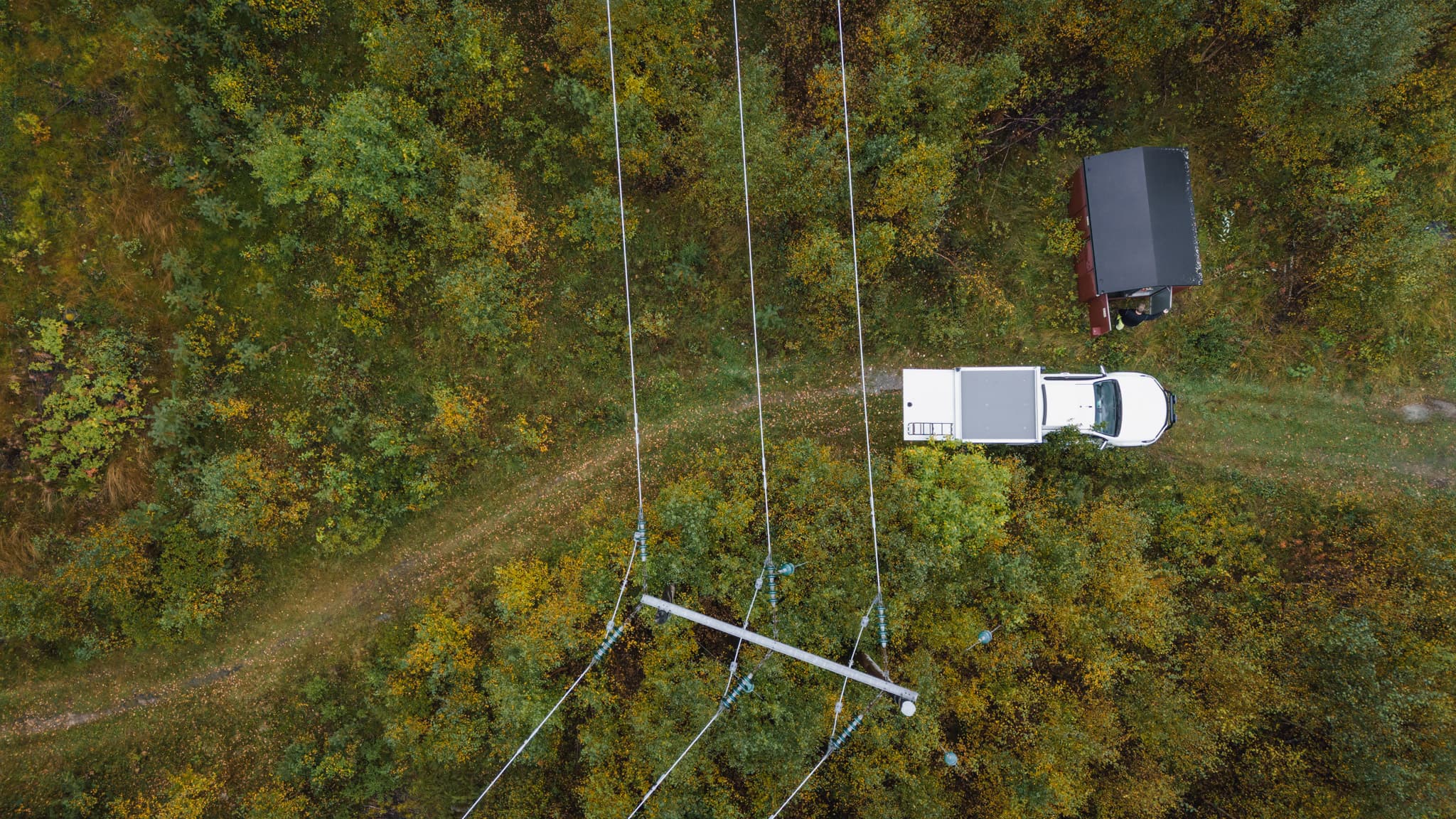 Kraftledningar, en transformatorstation och BTEAs bil fotade ovanifrån med drönare.